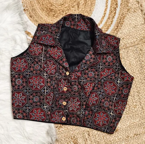 Natural Dye Ajrakh Collar Neck Blouse with Wooden Button